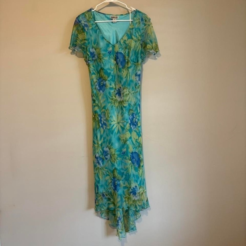 Y2K Blue & Green Floral Silk Fairy Dress, SZ 16